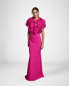 STRAPLESS JERSEY GOWN AND 3D FLORAL BOLERO